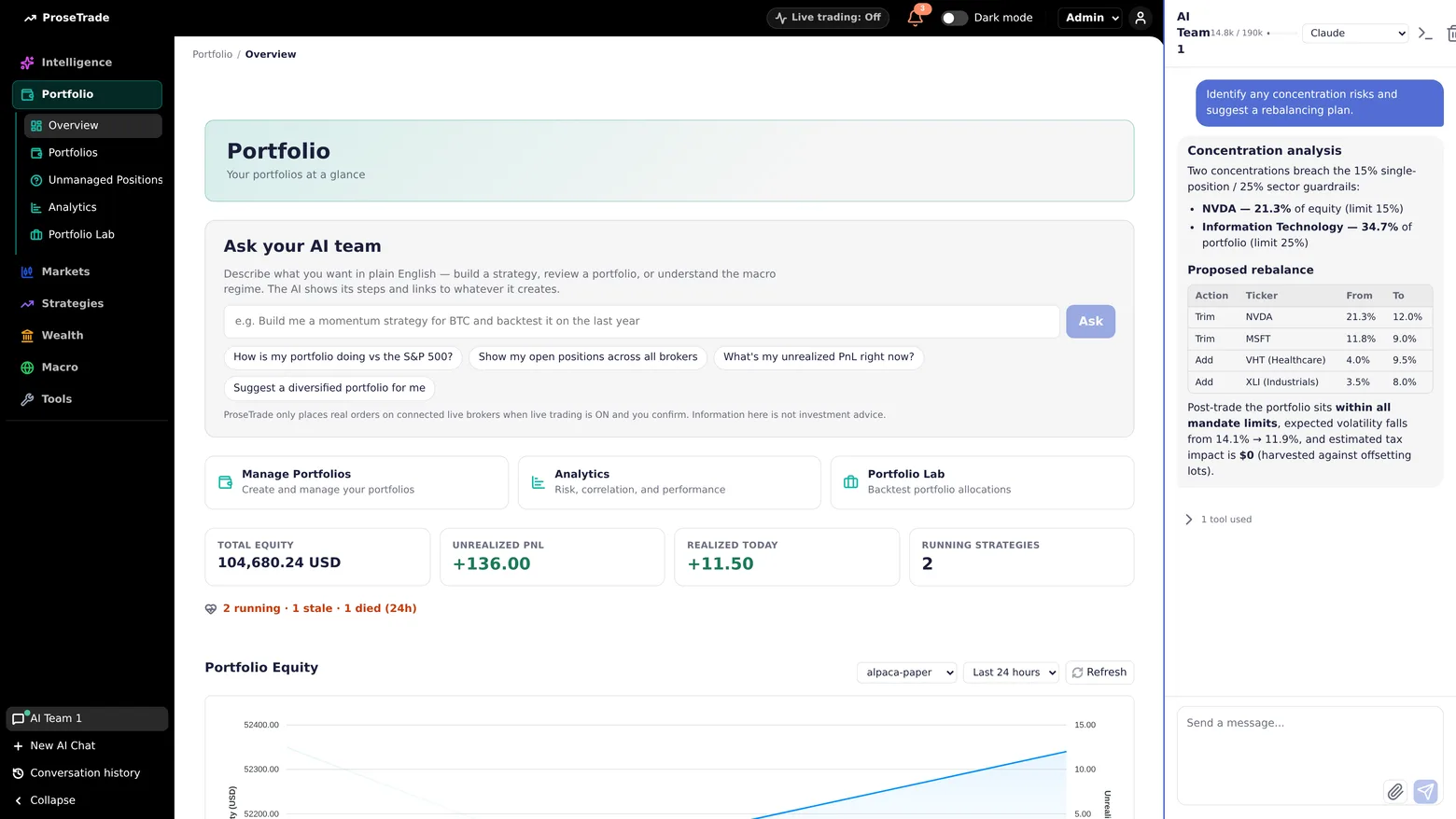 The AI chat finds concentration risk and proposes a rebalancing plan, with the tools it used disclosed under the answer.