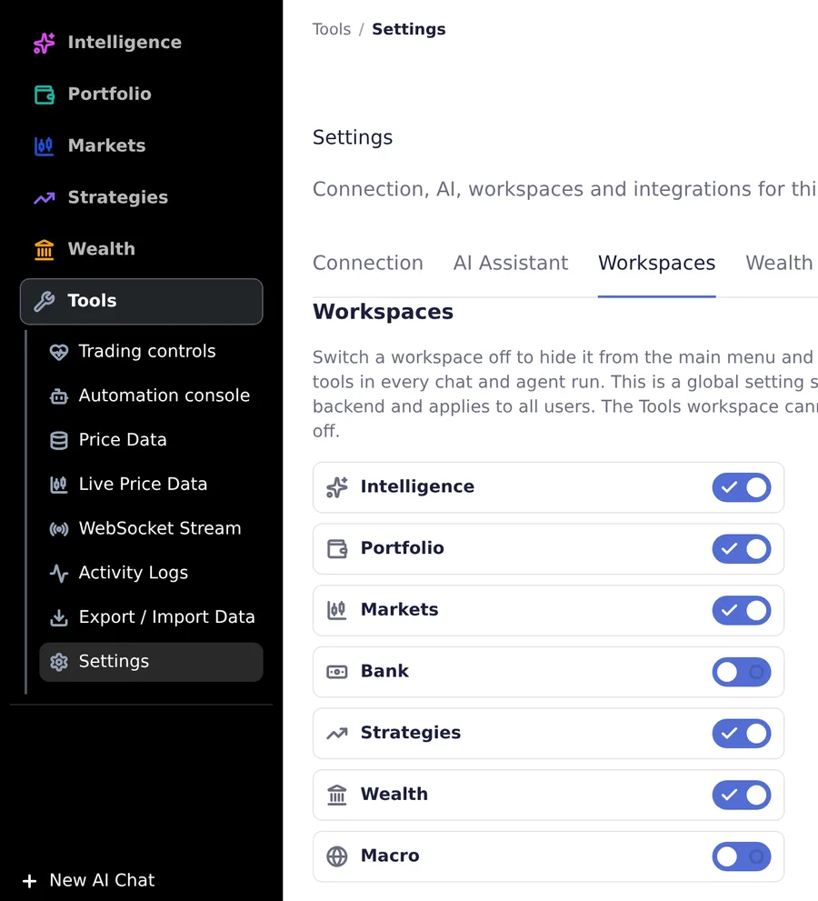 The Workspaces settings page: one switch per workspace, with Bank and Macro off — and both gone from the main menu on the left.