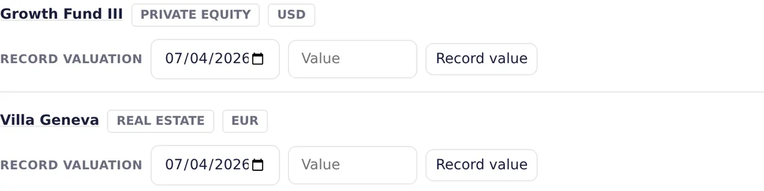 Balance-sheet rows for private assets with dated valuations.