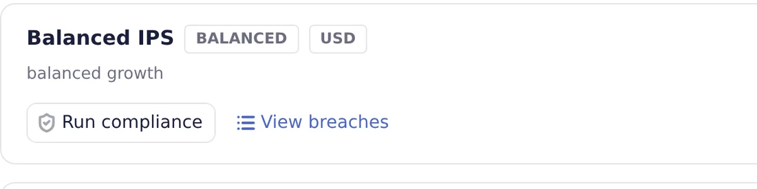 An investment-policy mandate card with live limit checks.